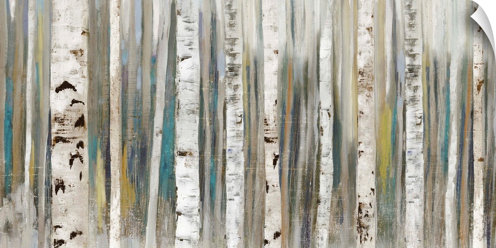 Horizontal painting of tree trunks in shades of brown and gray.
