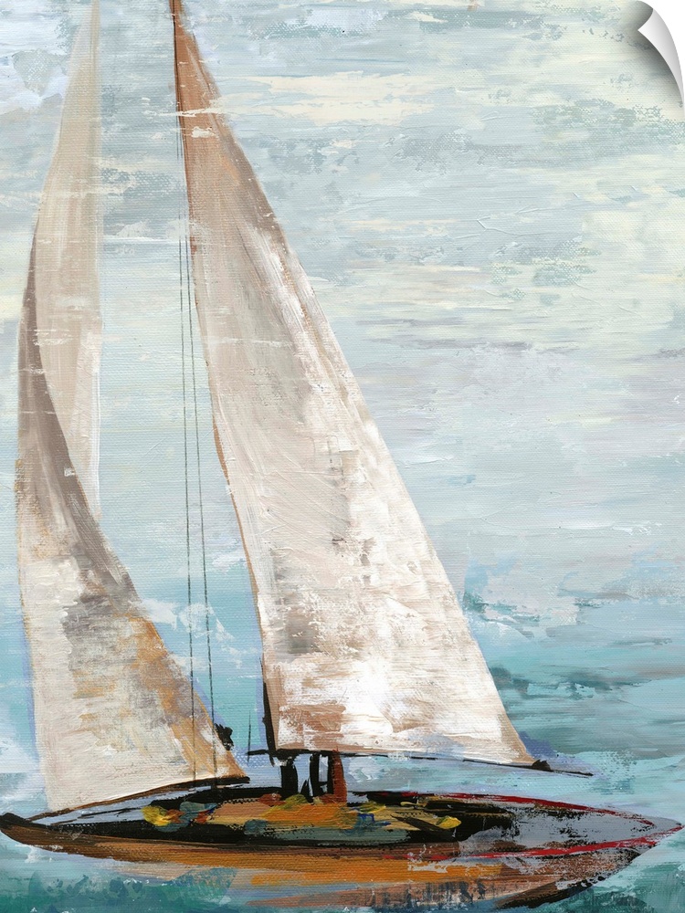 Painting of a sailboat with full white sails.