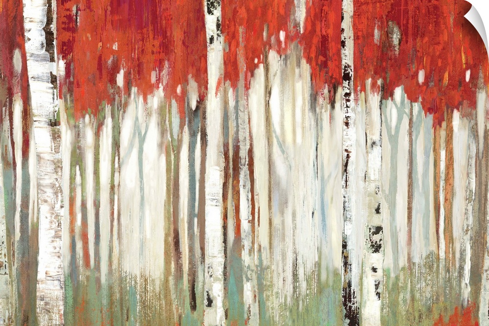 Contemporary artwork of a white birch forest with vivid red leaves contrasting the pale green forest floor.