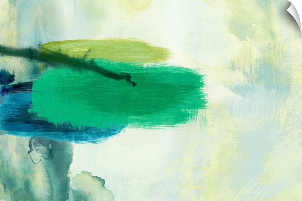 Horizontal abstract painting in shades of green with blue accents.