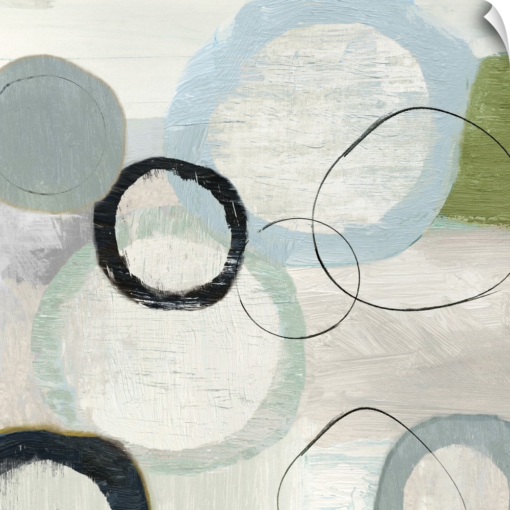 An abstract painting of circles in varies sizes and colors.