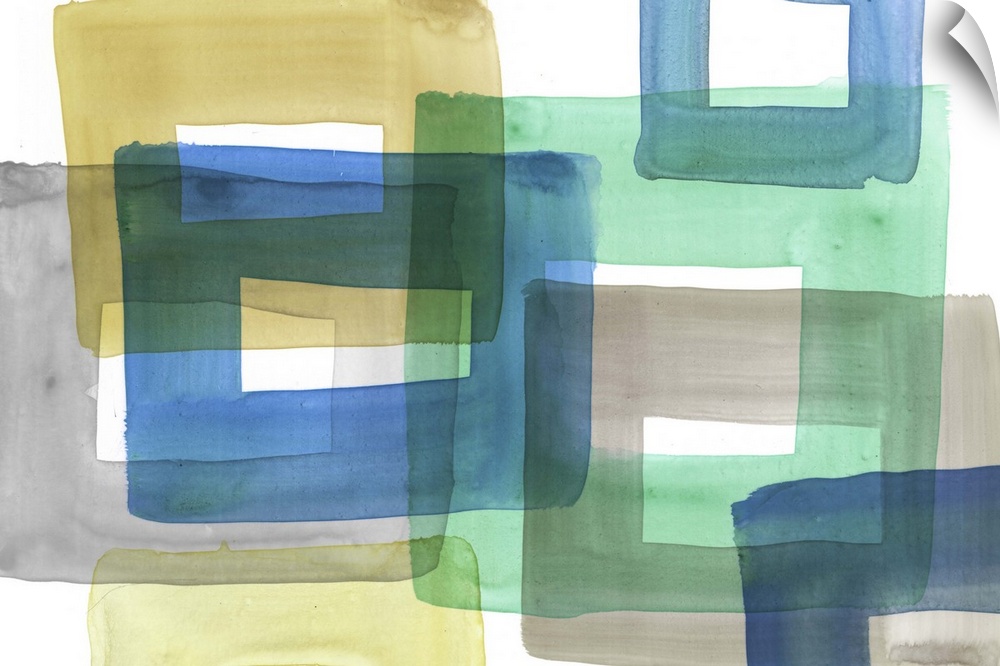 Contemporary abstract home decor art using geometric shapes and vibrant watercolors.