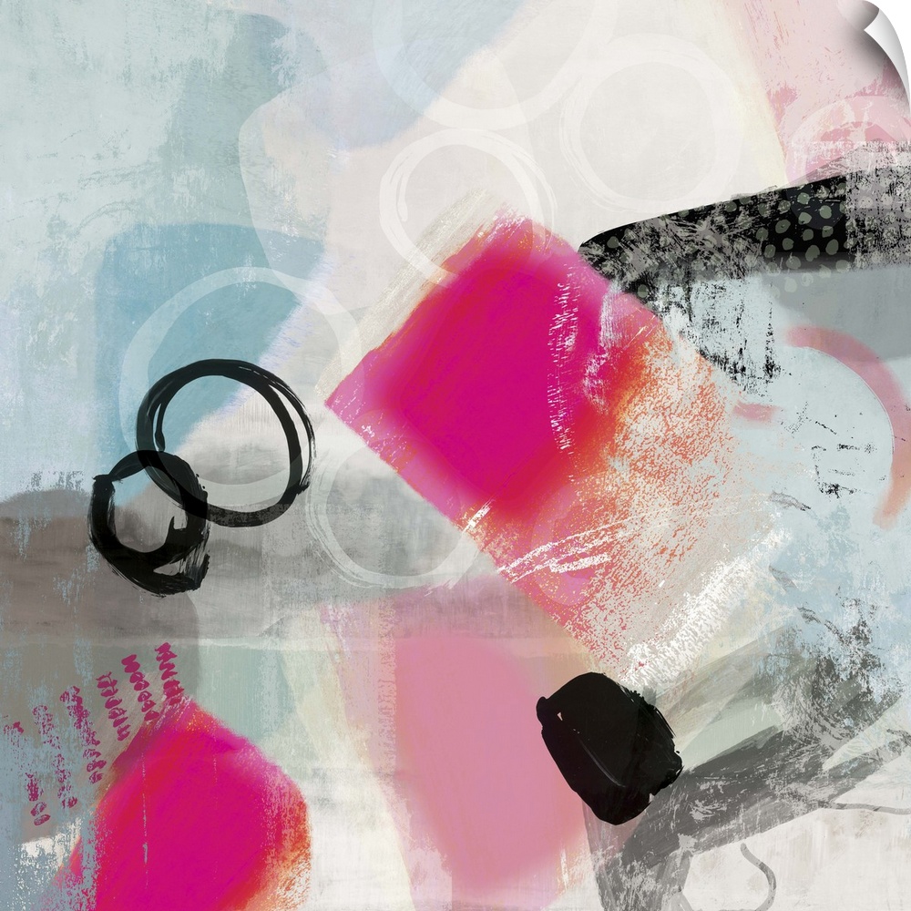 Abstract painting in shades of pale blue and white with bright pops of pink.
