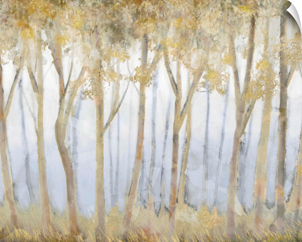 Contemporary painting of a glade of slender golden trees over pale dusty blue.