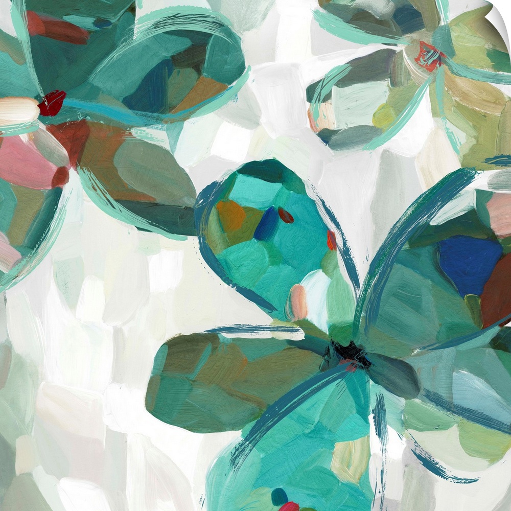 Contemporary artwork of teal flowers with large round petals.