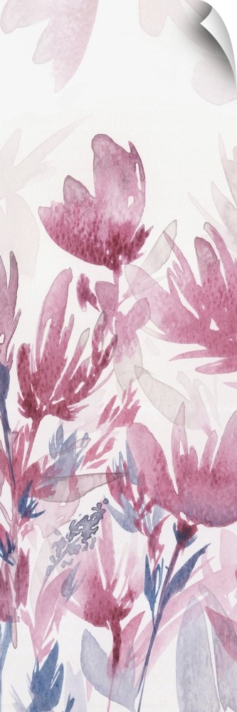 Skinny panel watercolor painting of abstract flowers in pink and blue tones on a white background.