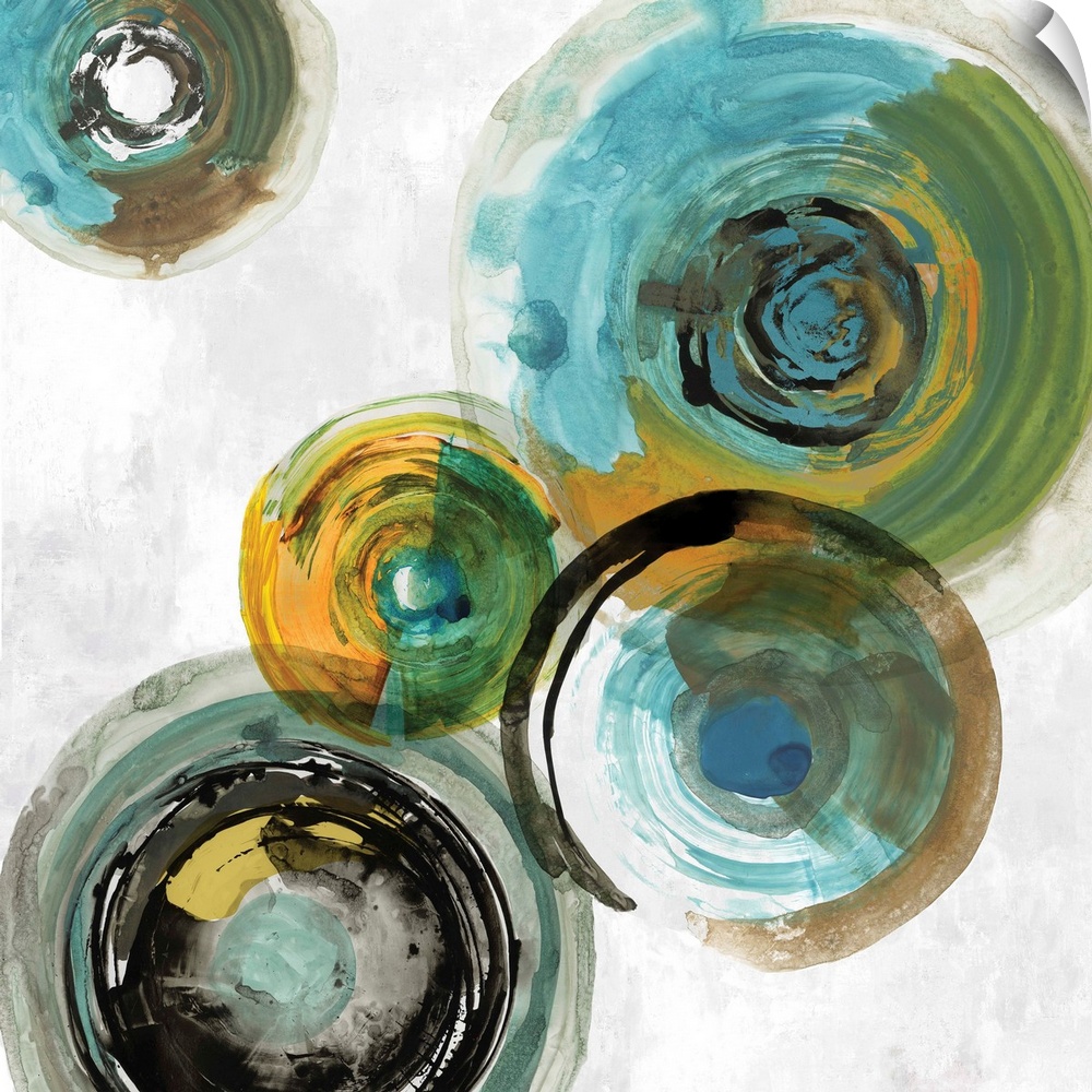 Square contemporary painting of multi- color circles in tones of blue, green and gold.