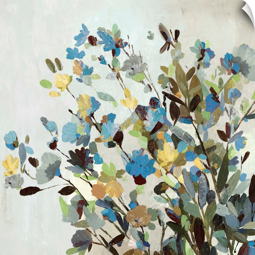 Contemporary artwork of a group of flowers in blue and yellow.