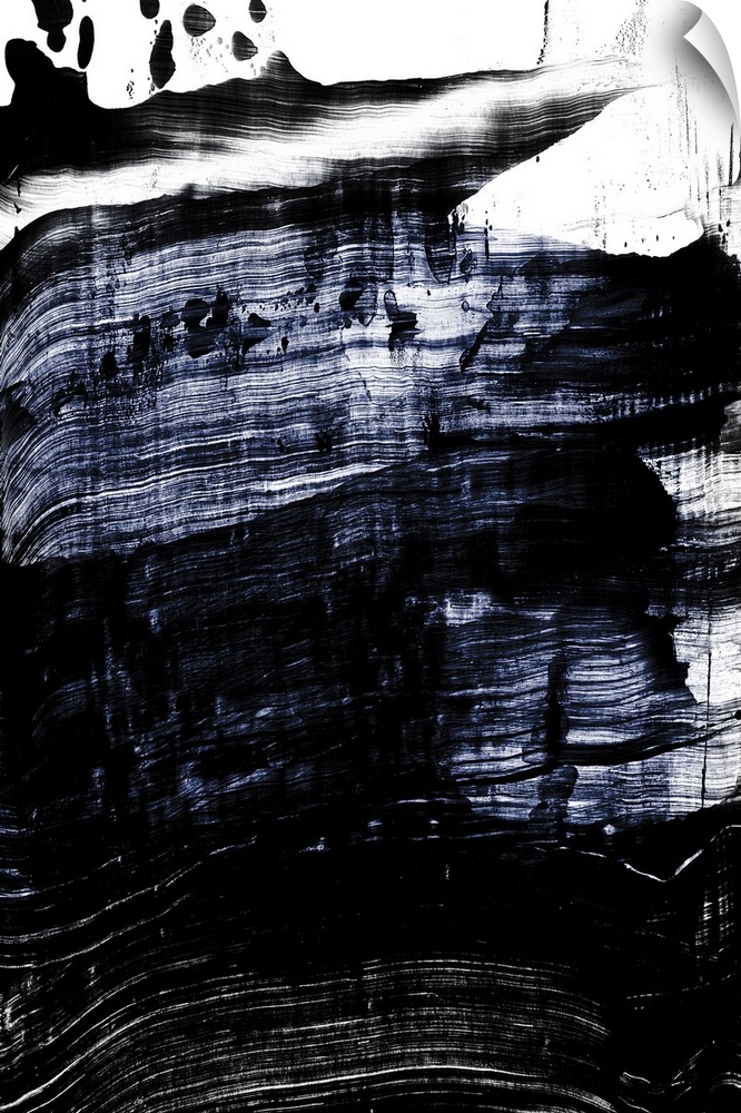 Abstract painting of large black and blue brush strokes on white