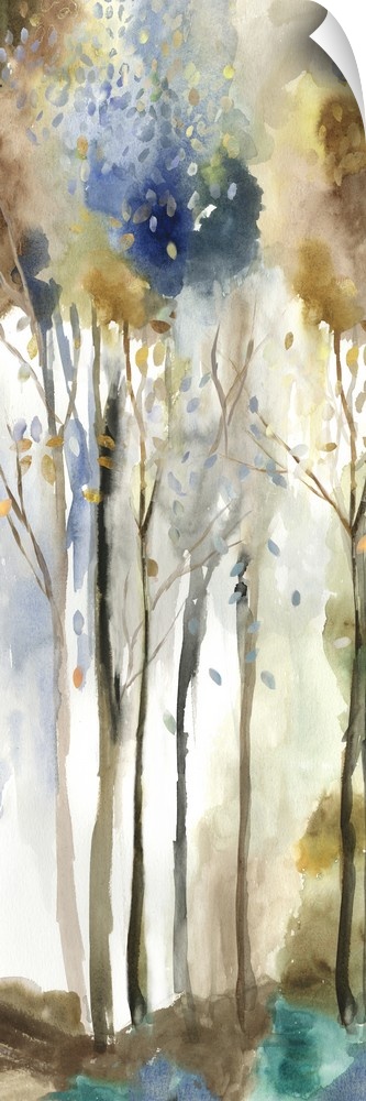Watercolor artwork of a forest with tall, thin trees.