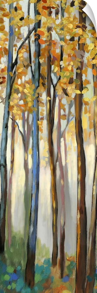 Contemporary painting of a forest with thin trees and autumn leaves.