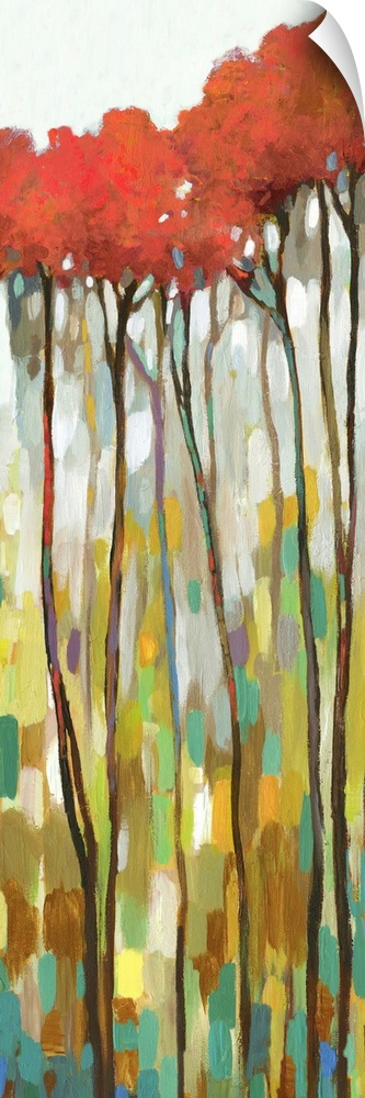 Large panel painting with tall, skinny trees with red leaves on an abstract background.