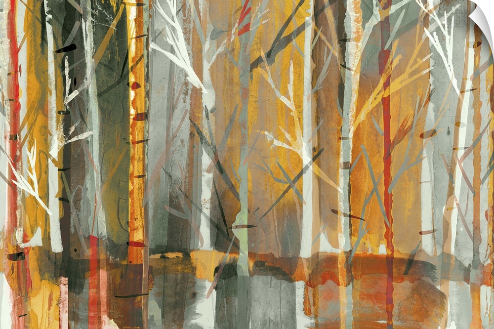 Contemporary home decor artwork of a dense forest in rich warm tones.
