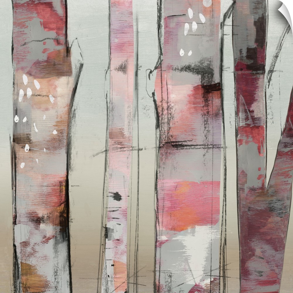 Contemporary artwork of a small group of birch trees with pink shades.