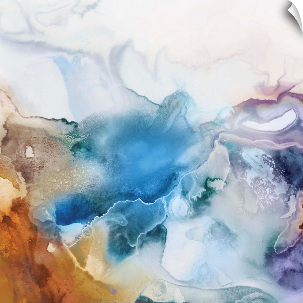 Abstract watercolor artwork of softly blending shades of blue, lavender, and orange.