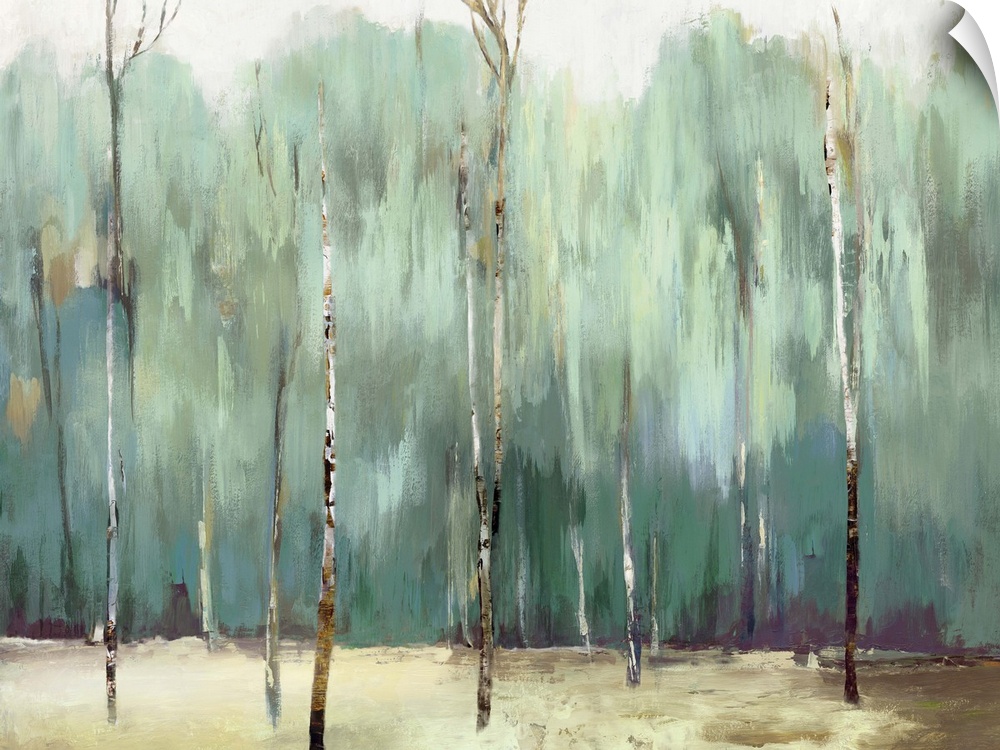 Contemporary artwork of a jade forest with thin trees.