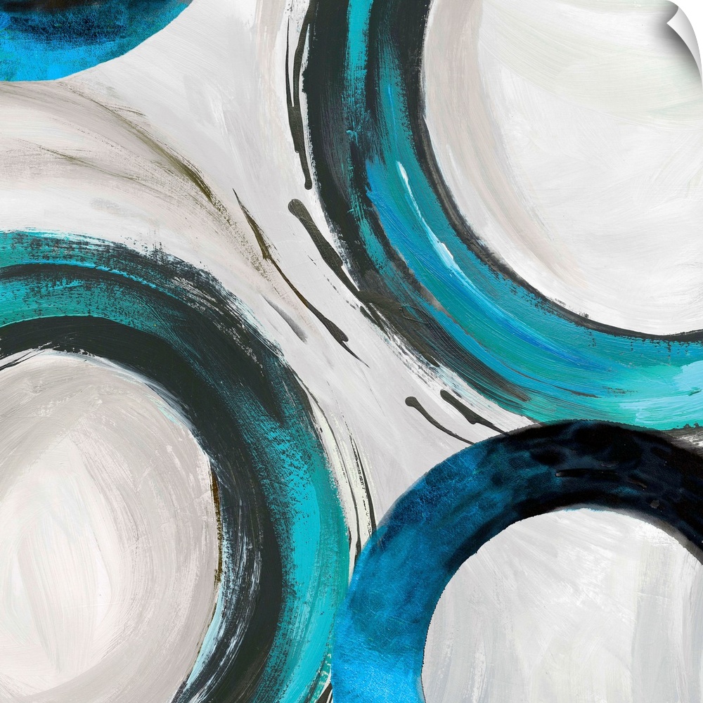 Abstract artwork with wide turquoise rings on white.