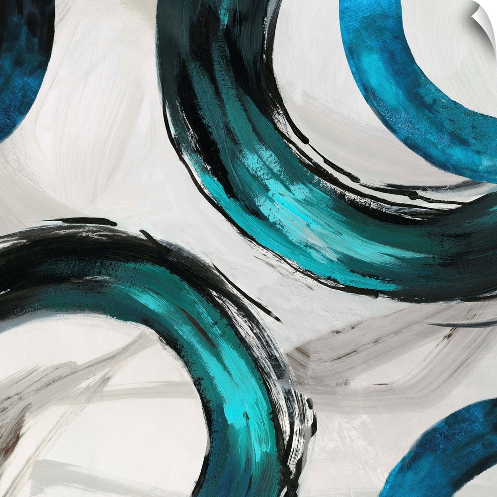 Abstract artwork with wide turquoise rings on white.
