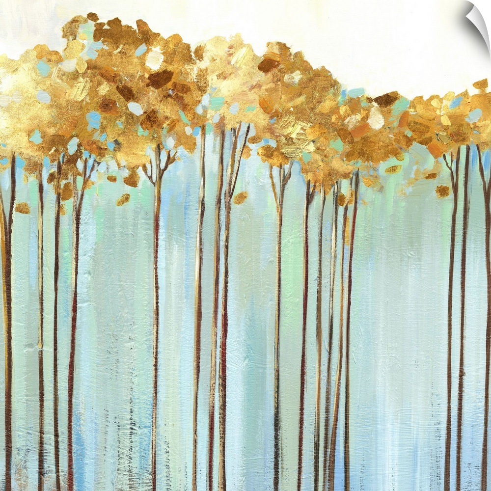 Contemporary painting of a row of slender trees with golden leaves over pale blue and cream.