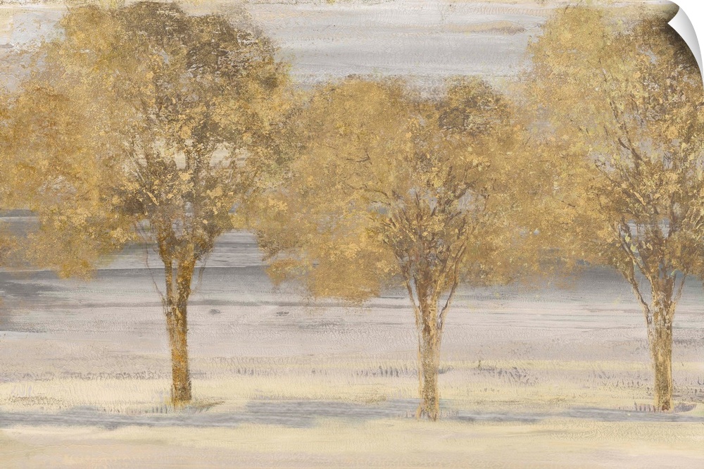 Horizontal painting of a group of trees done in textured gold.