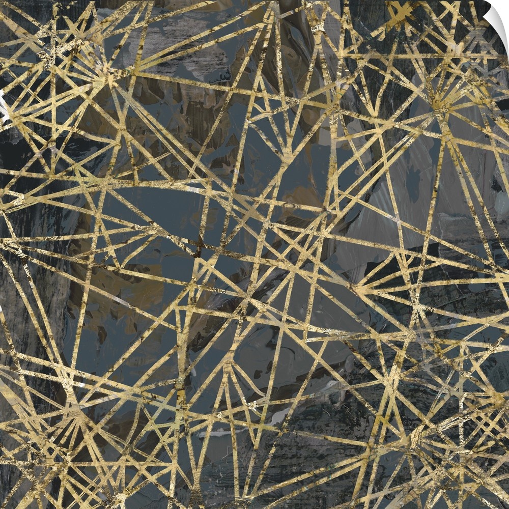 A square abstract painting of textured gold lines over a dark gray background
