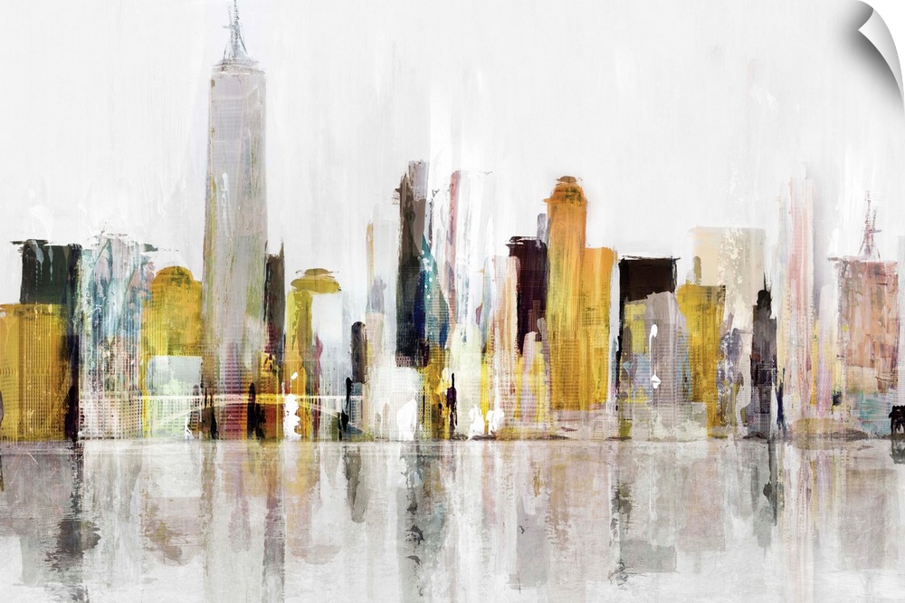 A multi-color painting of the city skyline of New York City along the Hudson river.