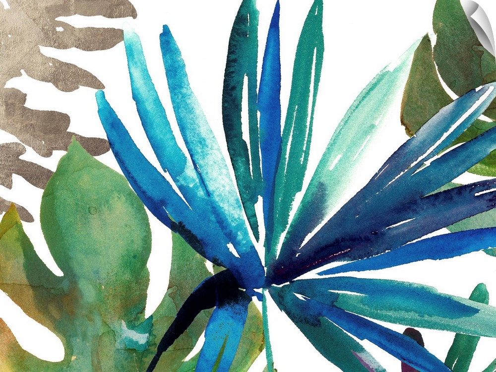 Watercolor ferns and palm fronds in cool tropical shades.