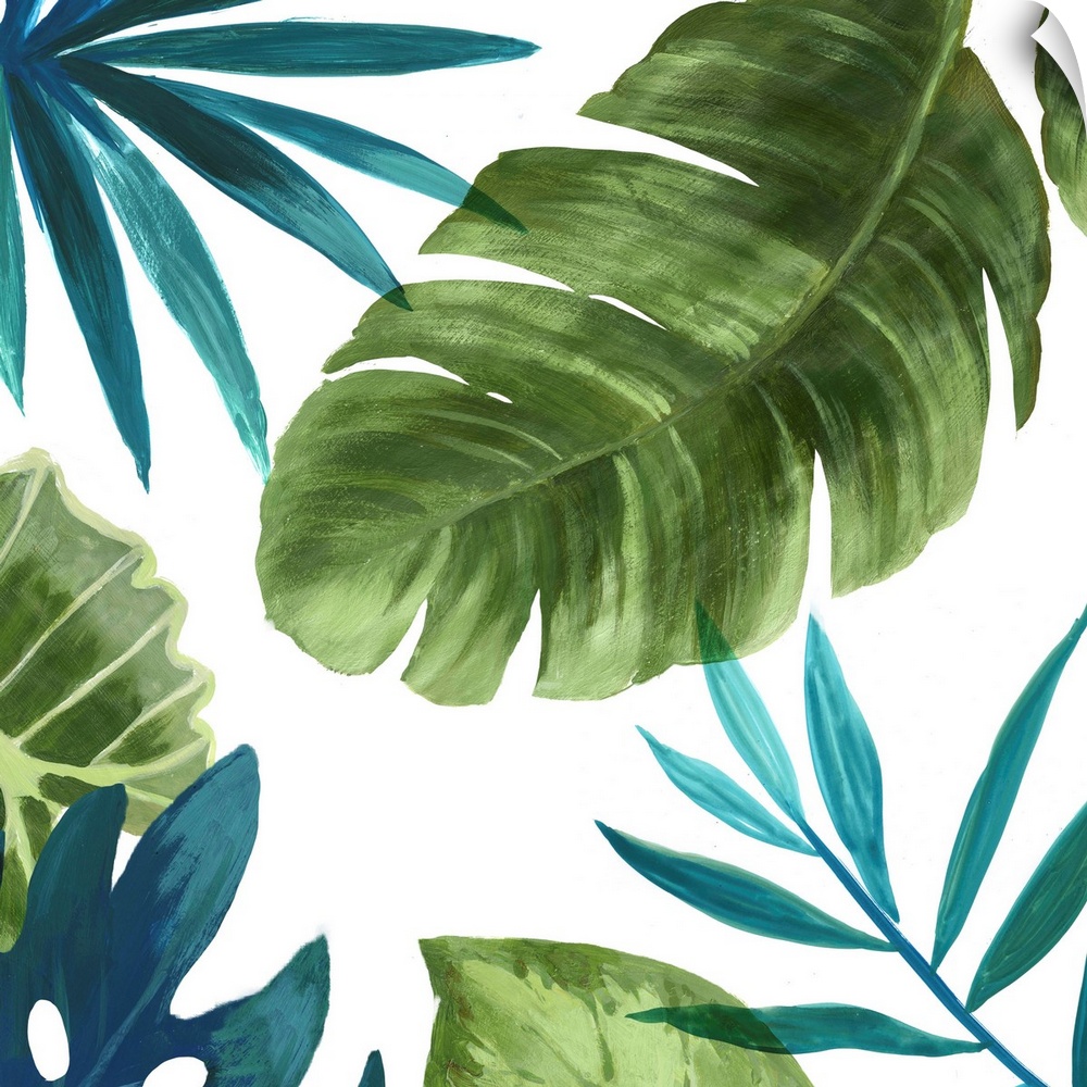 Painting of broad tropical leaves in blue and green.