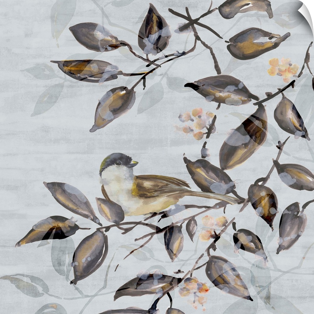 A contemporary painting of a bird on a tree branch against a neutral textured backdrop.