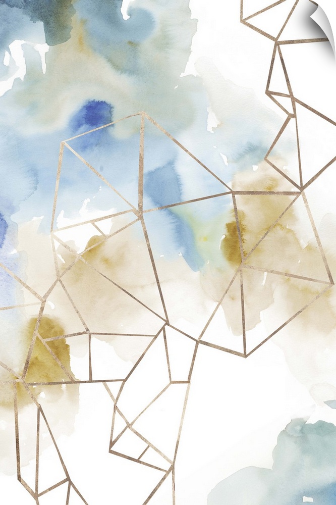 Abstract watercolor painting of blue and brown with geometric gold lines.