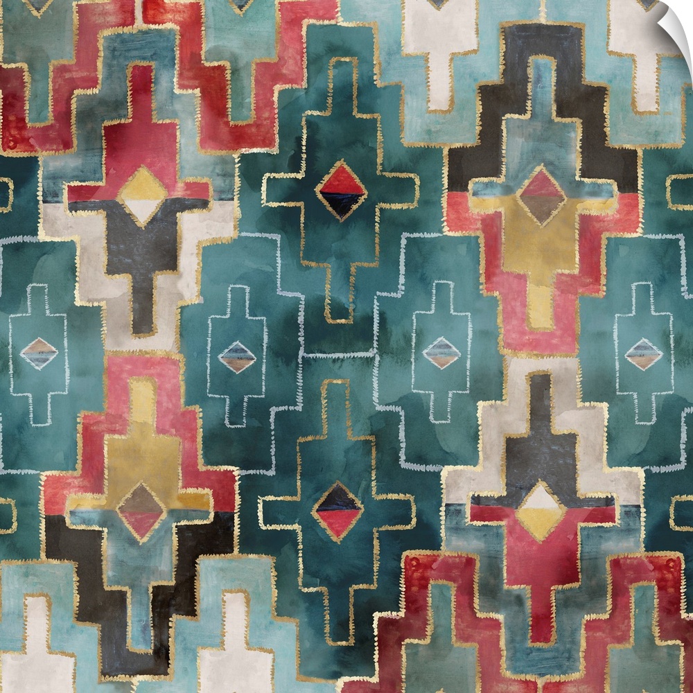 Bohemian pattern in teal and red with metallic gold accents.