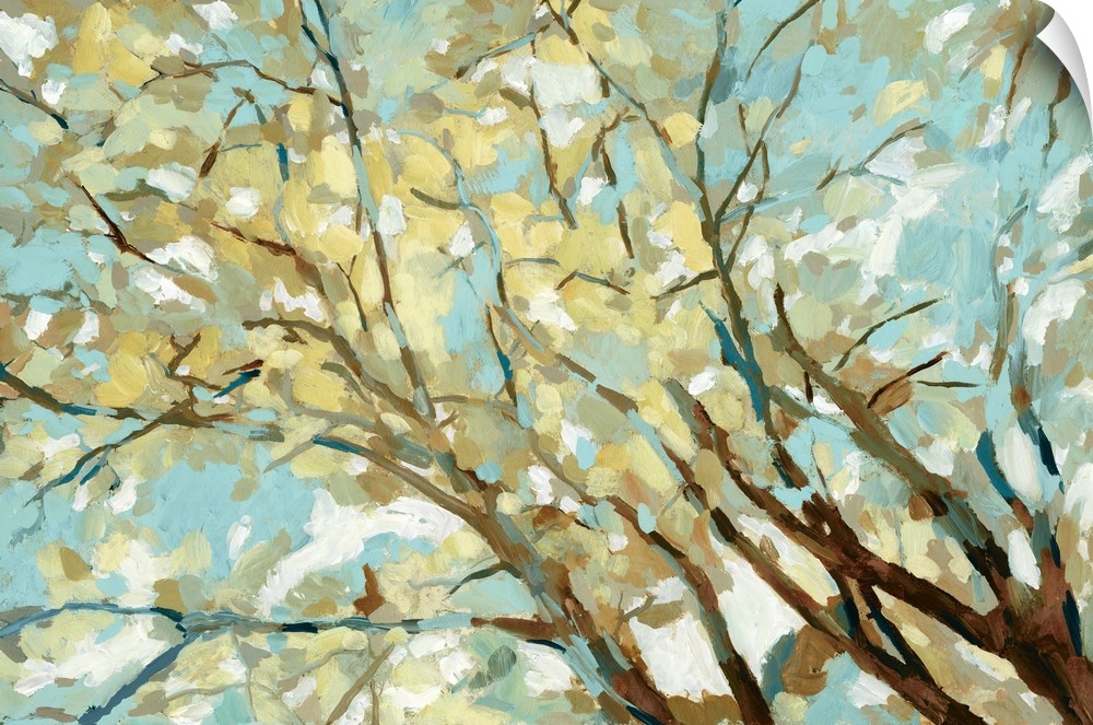 Contemporary painting of branches with yellow and blue leaves.
