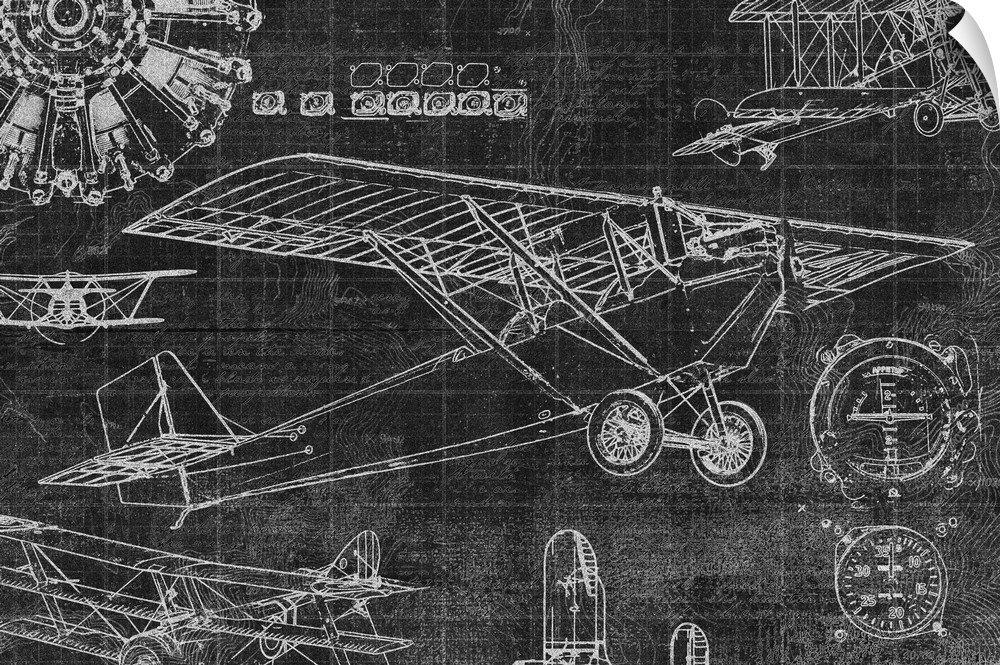 Diagram of a vintage airplane on black.