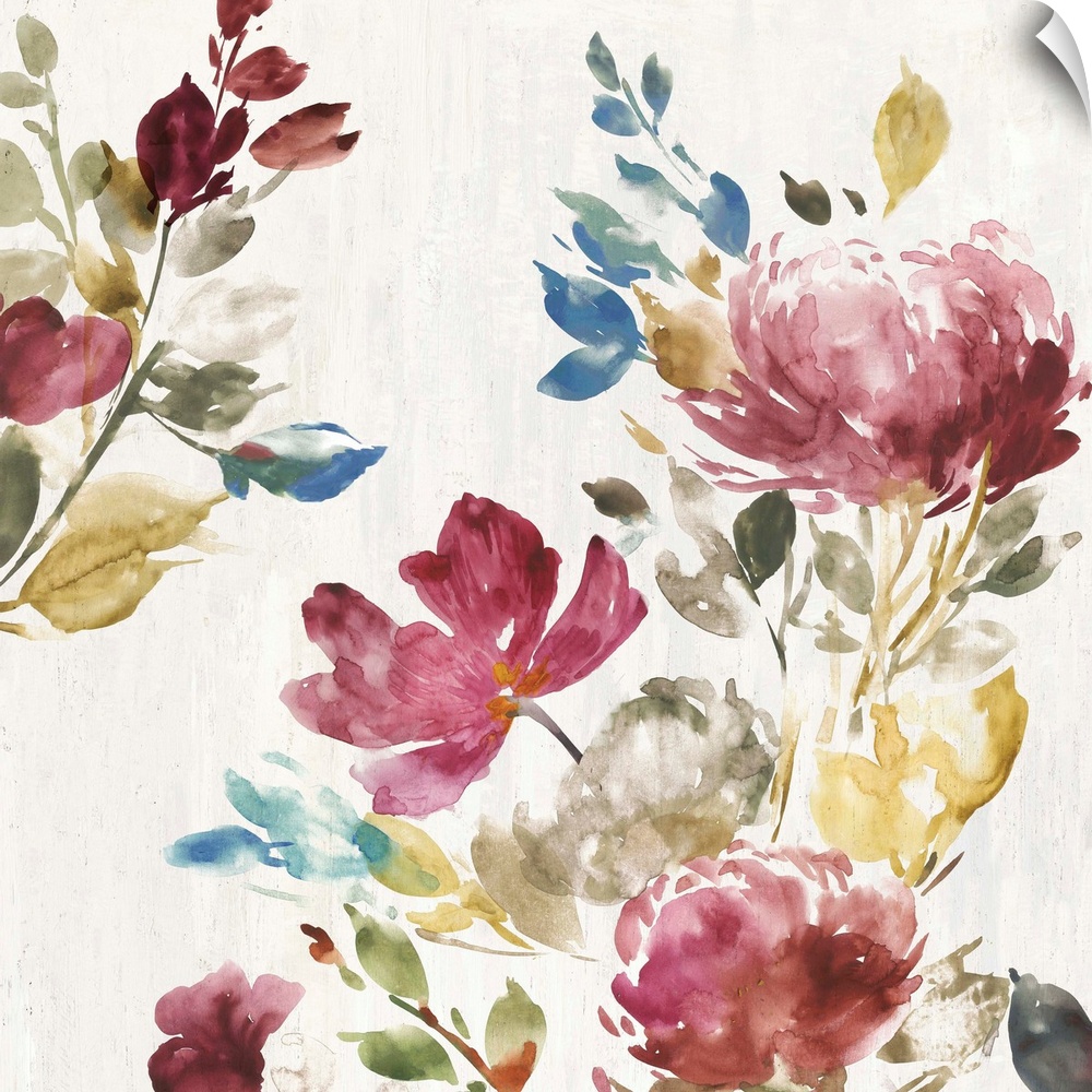 Watercolor artwork of pink, green, and blue flowers over a cream colored background.