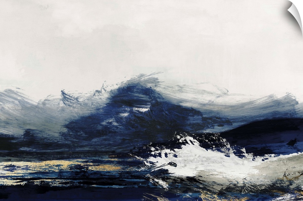 Abstract painting with dark navy blue and white, resembling crashing waves.