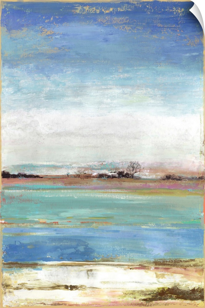 Vertical artwork of an abstract landscape about a waterfront with blue skies.