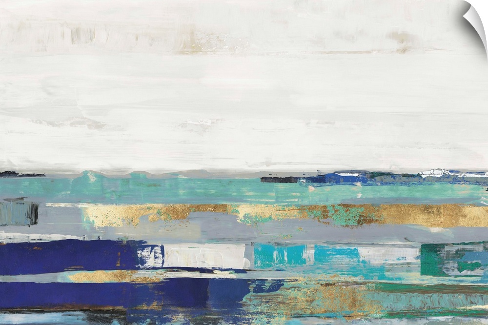 Abstract painting with blue, turquoise, and gold streaks under white.