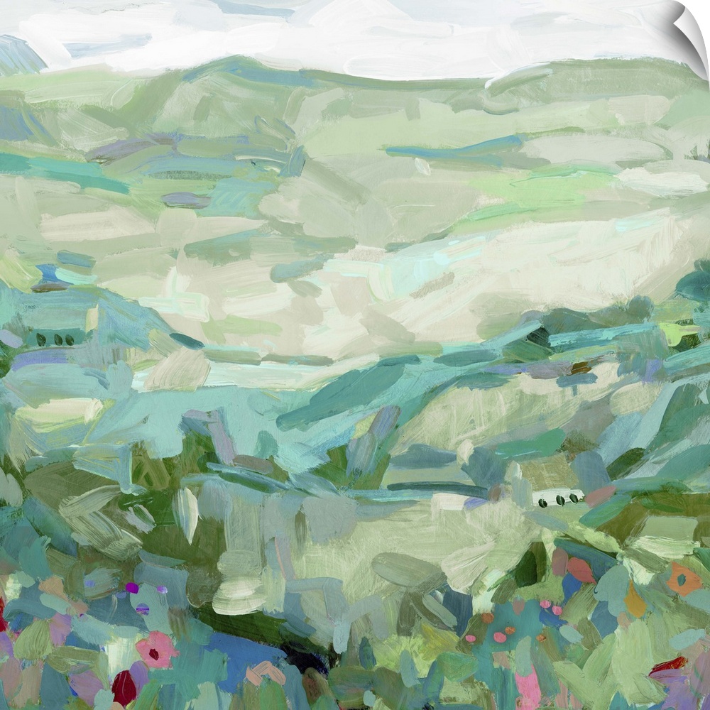 Contemporary landscape painting of a hillside with wildflowers.