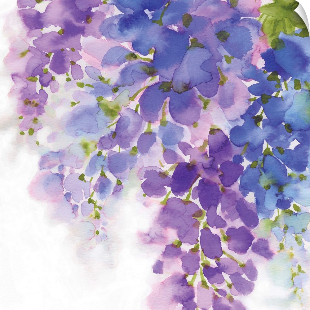 Square painting with abstract florals in shades of purple and olive green leaves on a white background.