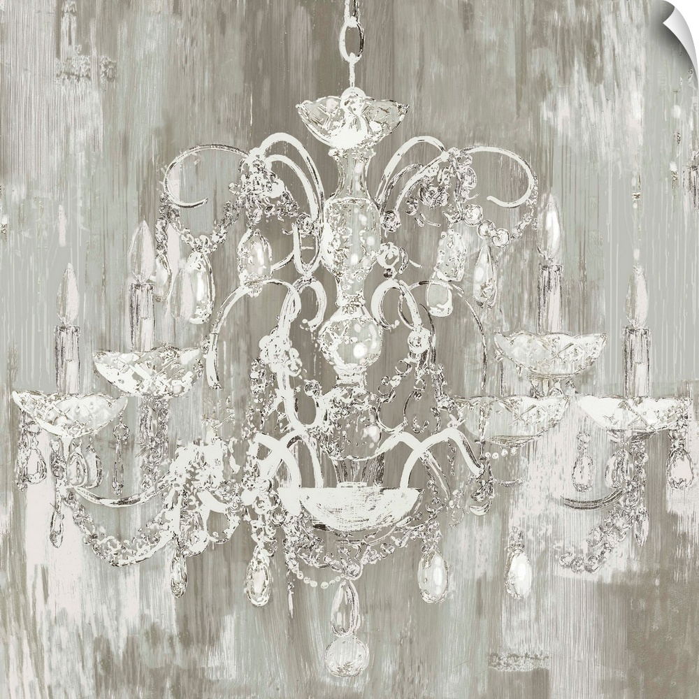 White silhouette of a chandelier on a gray and white streaked background.