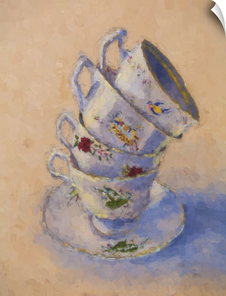 Painted image of a stack of fine china tea cups.