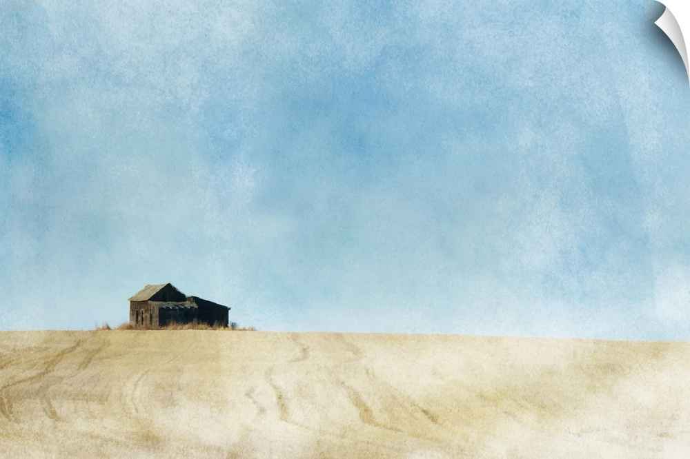 A painterly photo of a small abandoned farmhouse in the middle of a prairie grain field.