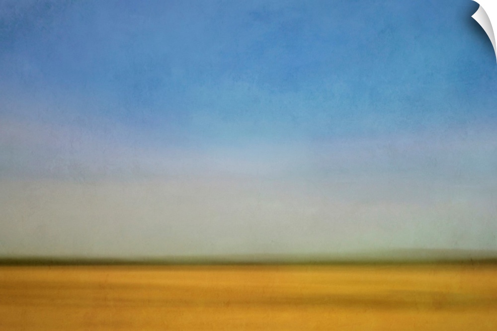 Impressionist landscape of a prairie farm field and blue sky.