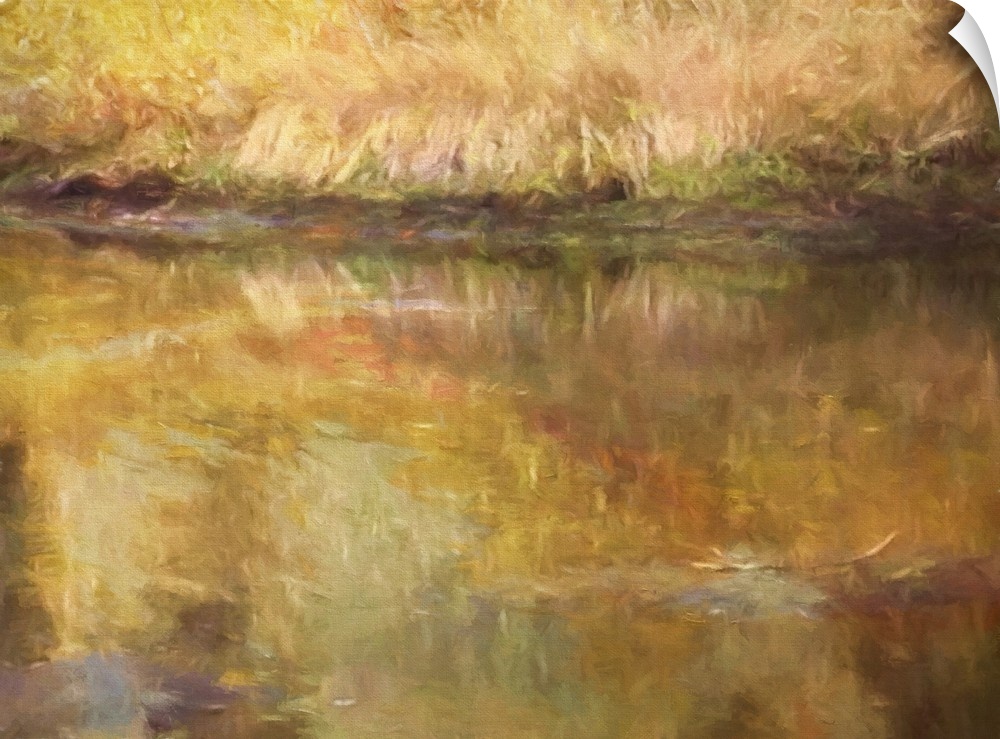 Digital painting of a pond bank and water reflections in autumn.