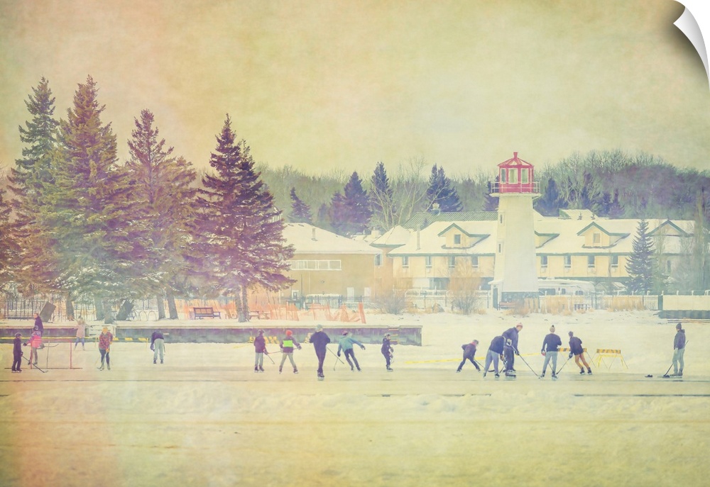 Photo illustration of people playing hockey on a frozen lake in winter. Sylvan Lake, Alberta, Canada.