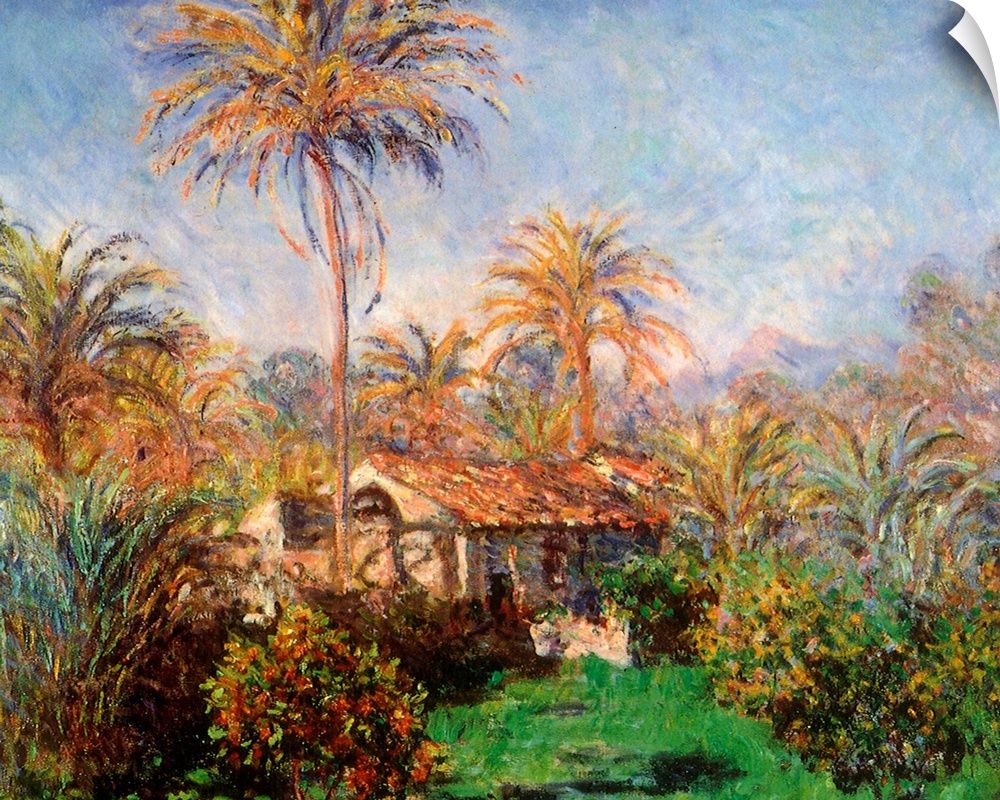 Painting on canvas of a home with palm trees surrounding it.