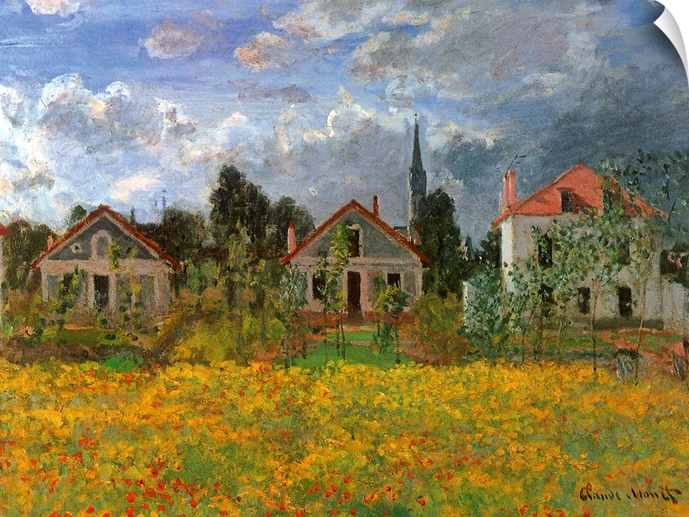 Classical painting of a row of cute houses and a church in a country town filled with wild flowers.