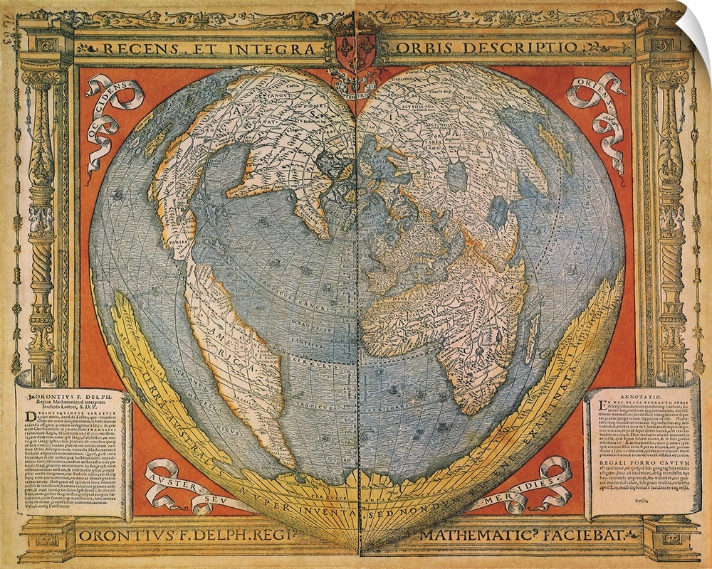 An antique cordiform map of the world from 1536.