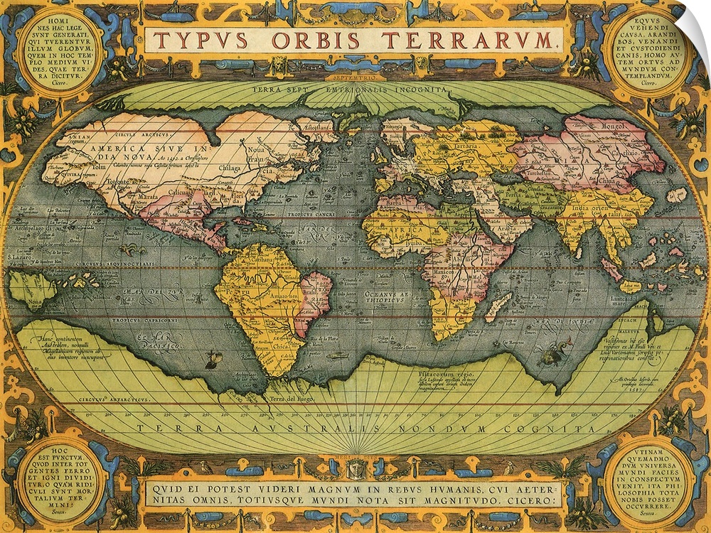 Vintage Map of the World on canvas from the 1500s.