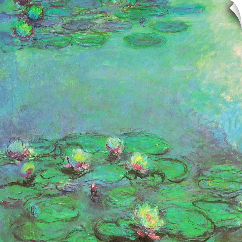 Square panel of an impressionist painting by Claude Monet of several flowers and lily pads in a cool, still pond.